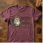 Owl coffee graphic for Respect the Locals Owl on heather-maroon T-shirt