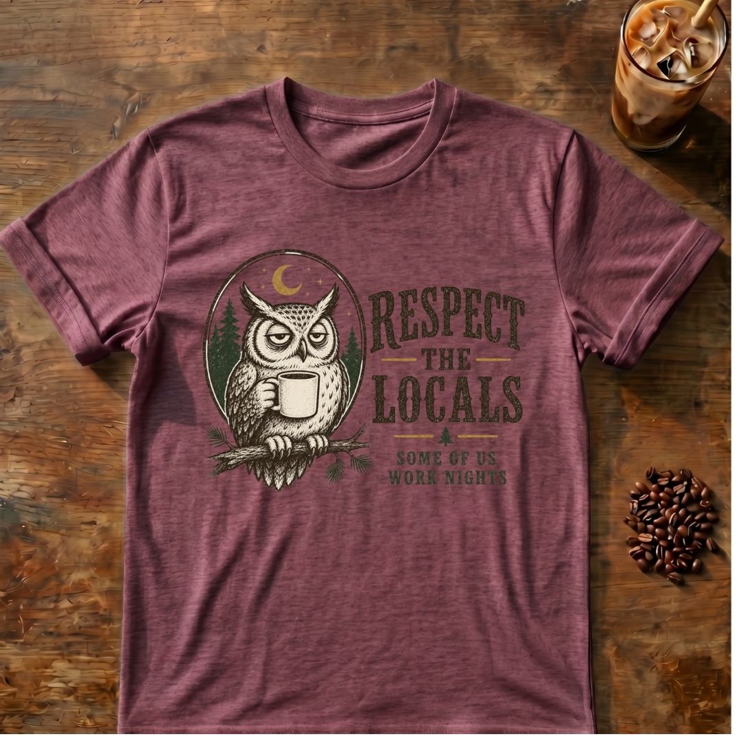 Owl coffee graphic for Respect the Locals Owl on heather-maroon T-shirt