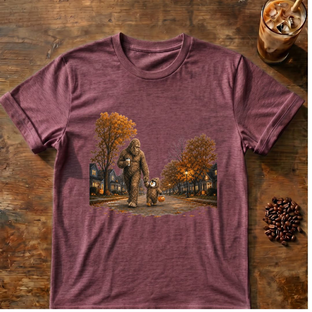 Coffee graphic for Bigfoot Trick-or-Treat Halloween on heather-maroon T-shirt