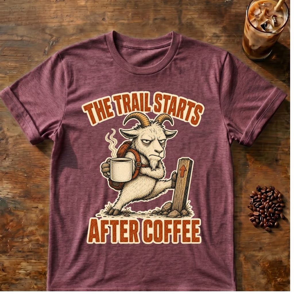 Goat coffee graphic for Trail Starts on heather-maroon T-shirt