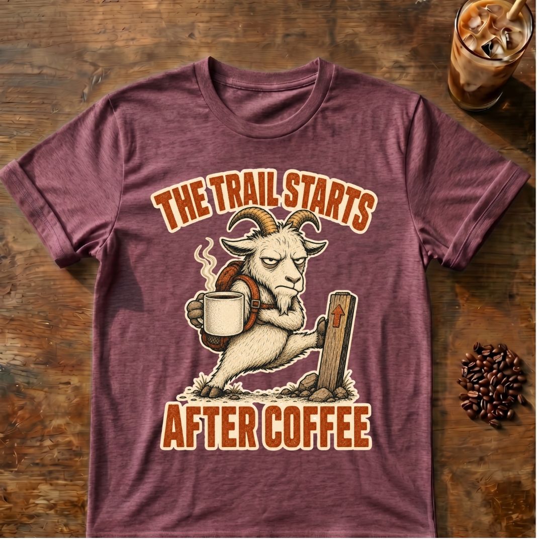 Goat coffee graphic for Trail Starts on heather-maroon T-shirt