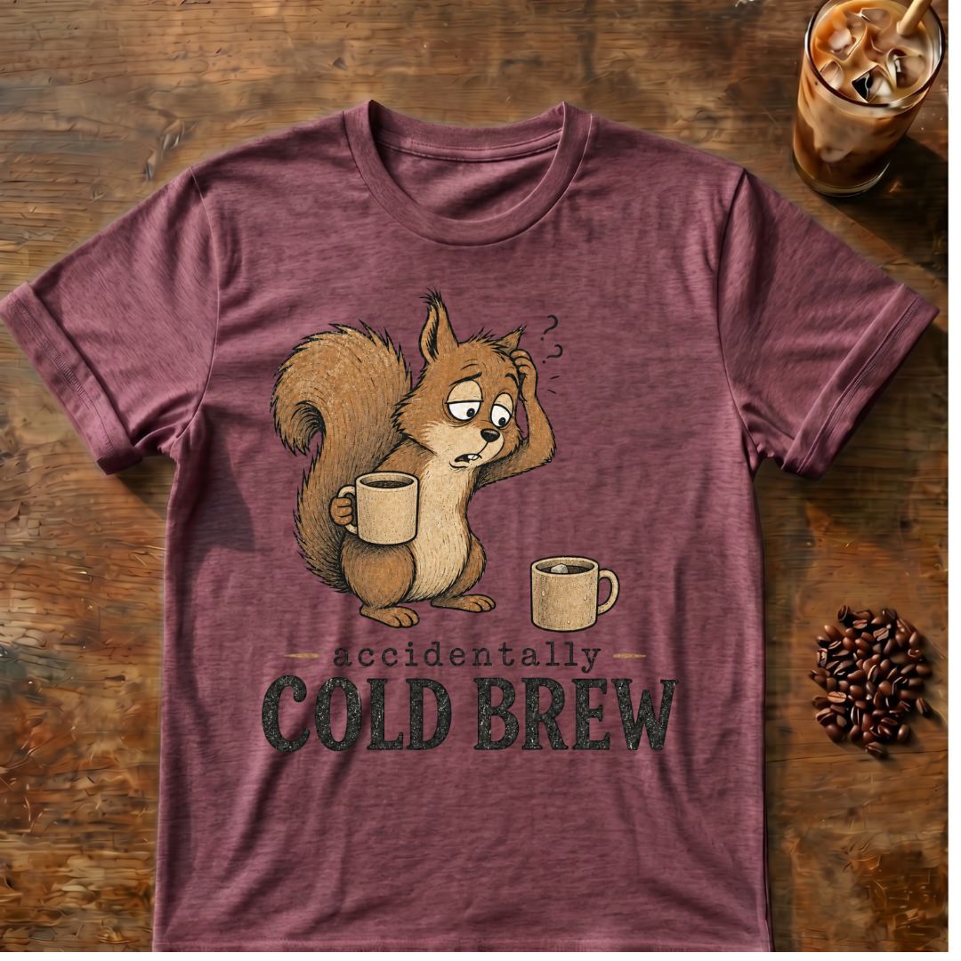 Cold brew squirrel coffee graphic on a Heather Maroon T-shirt