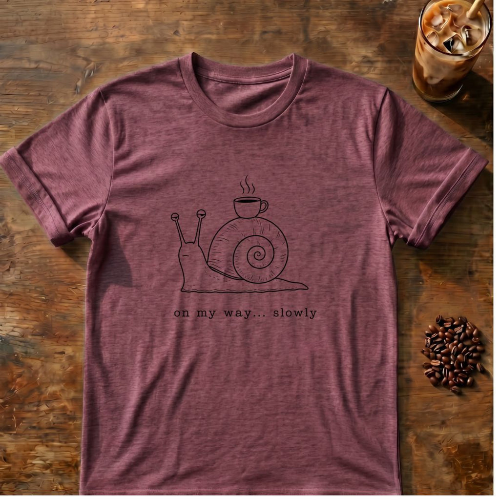 Snail coffee graphic for Minimal Snail with Coffee on heather-maroon T-shirt