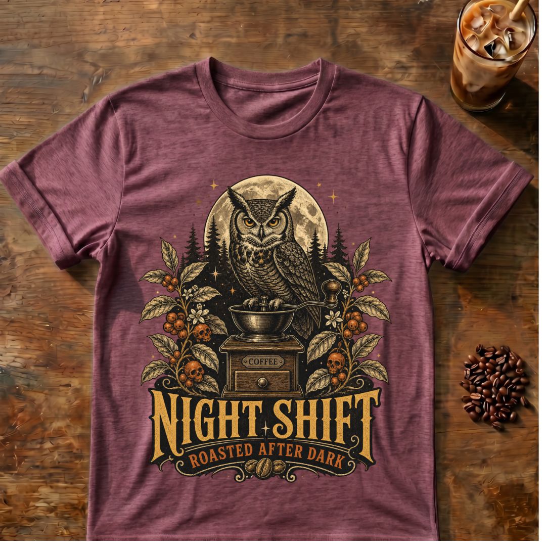 Owl coffee graphic for Night Shift Owl Coffee on heather-maroon T-shirt