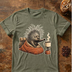 Porcupine coffee graphic for Barely Awake on heather-military-green T-shirt