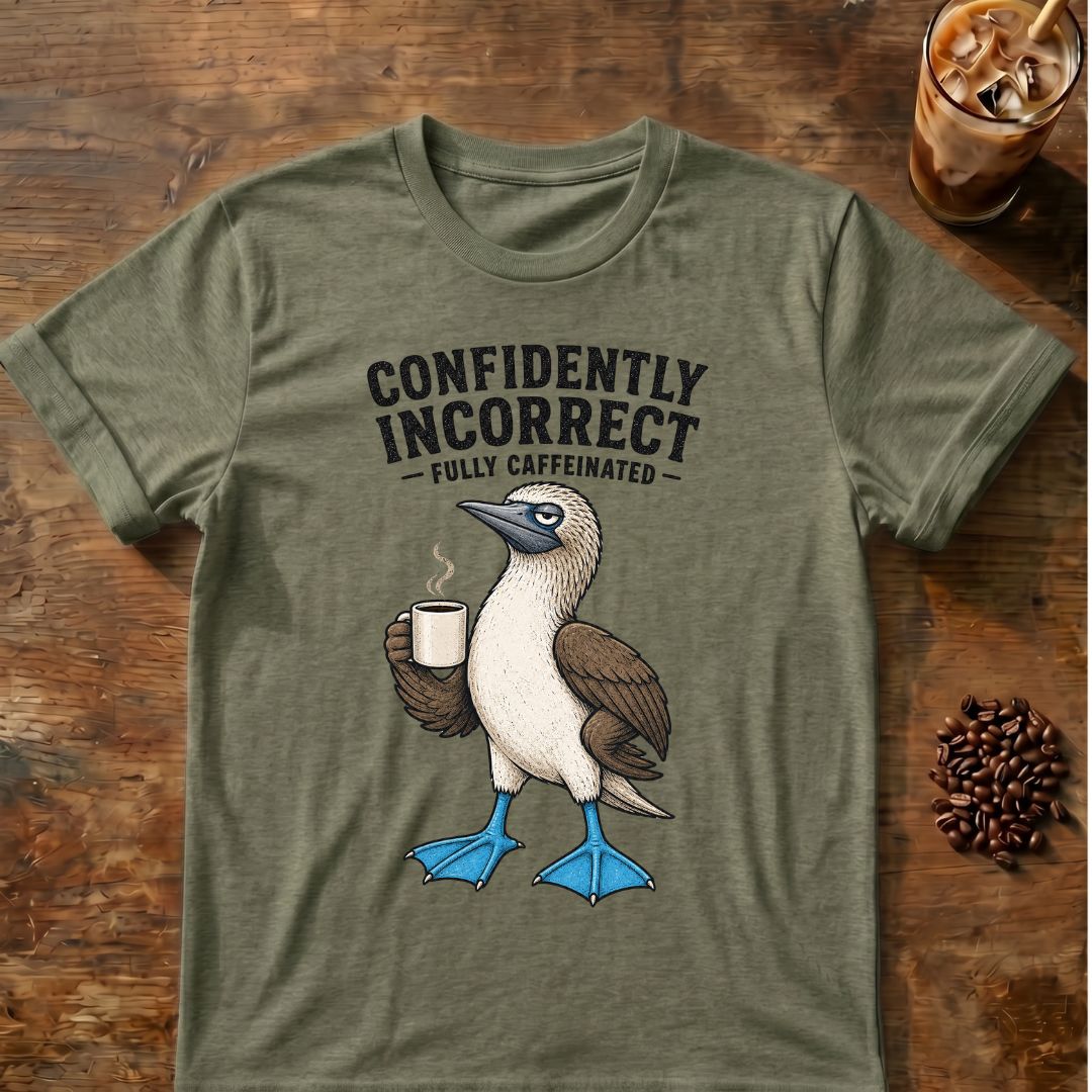 Blue-footed booby “Confidently Incorrect” graphic on a Heather Military Green T-shirt