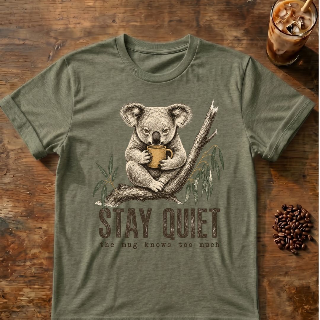 Koala coffee graphic for Stay Quiet Koala on heather-military-green T-shirt
