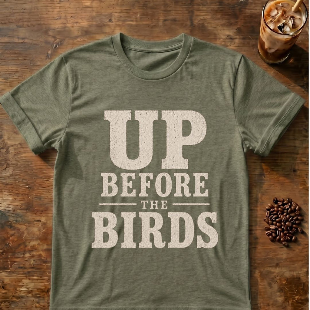 Coffee graphic for Up Before the Birds on heather-military-green T-shirt