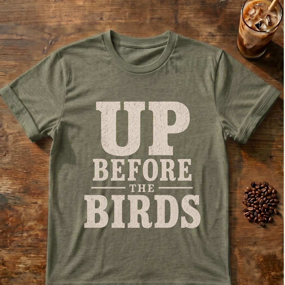 Coffee graphic for Up Before the Birds on heather-military-green T-shirt