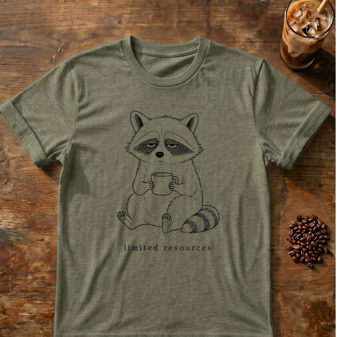 Raccoon coffee graphic for Minimal Raccoon Coffee on heather-military-green T-shirt