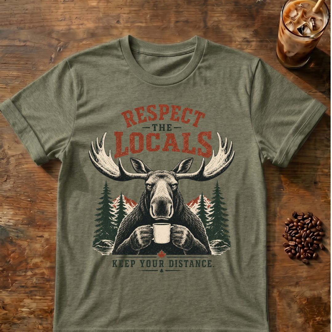 Moose “Respect the Locals” graphic on a Heather Military Green T-shirt