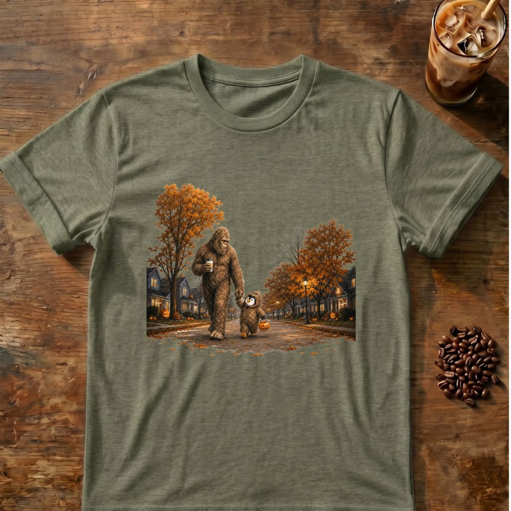 Coffee graphic for Bigfoot Trick-or-Treat Halloween on heather-military-green T-shirt
