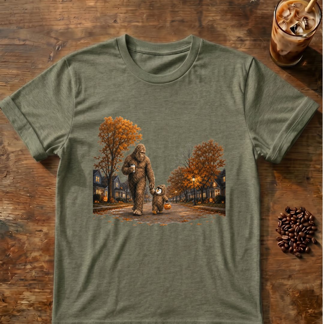 Coffee graphic for Bigfoot Trick-or-Treat Halloween on heather-military-green T-shirt