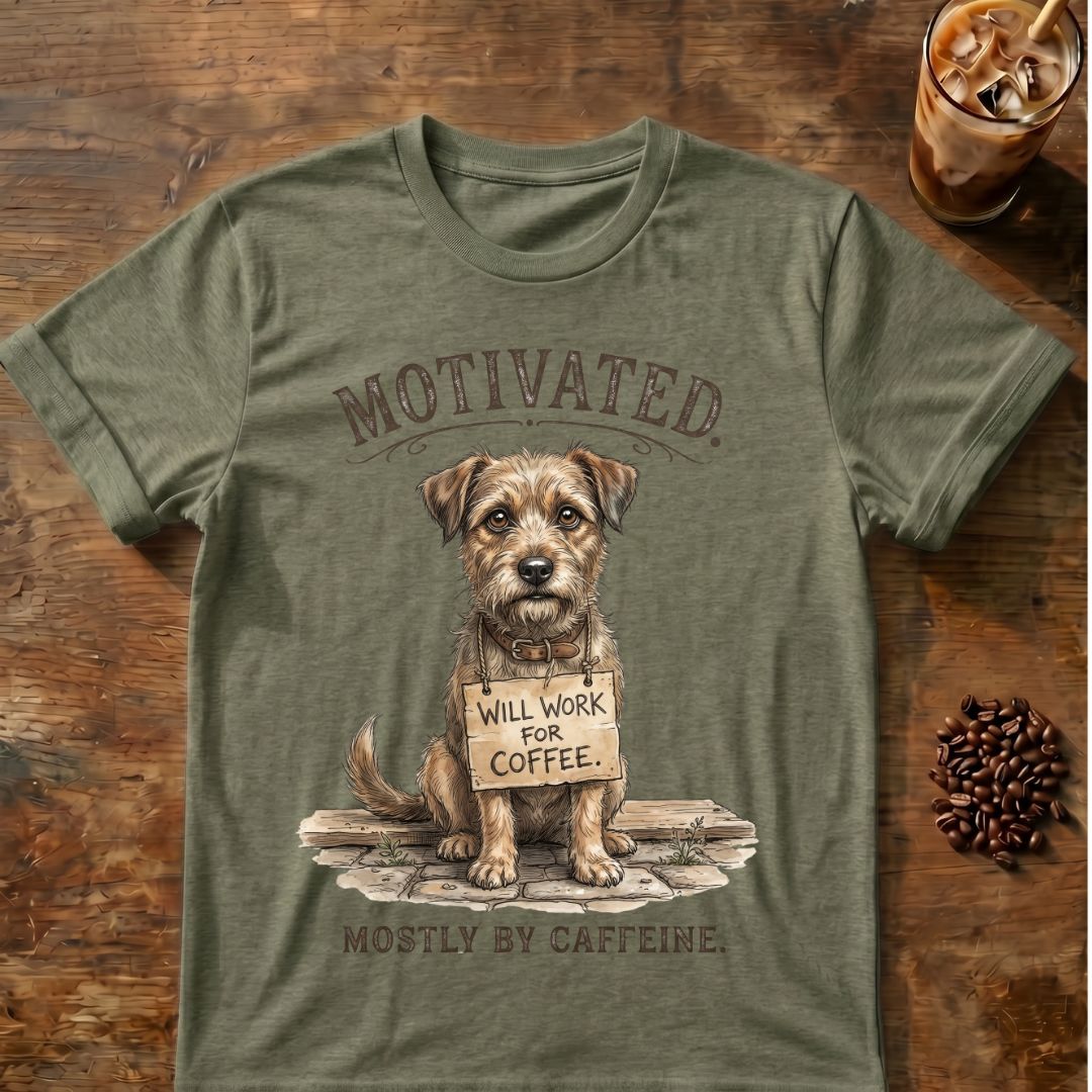 Dog “Will Work for Coffee” graphic on a Heather Military Green T-shirt