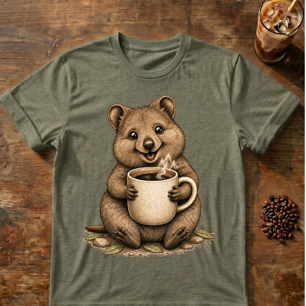 Quokka coffee graphic on a Heather Military Green T-shirt