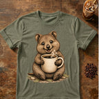 Quokka coffee graphic on a Heather Military Green T-shirt
