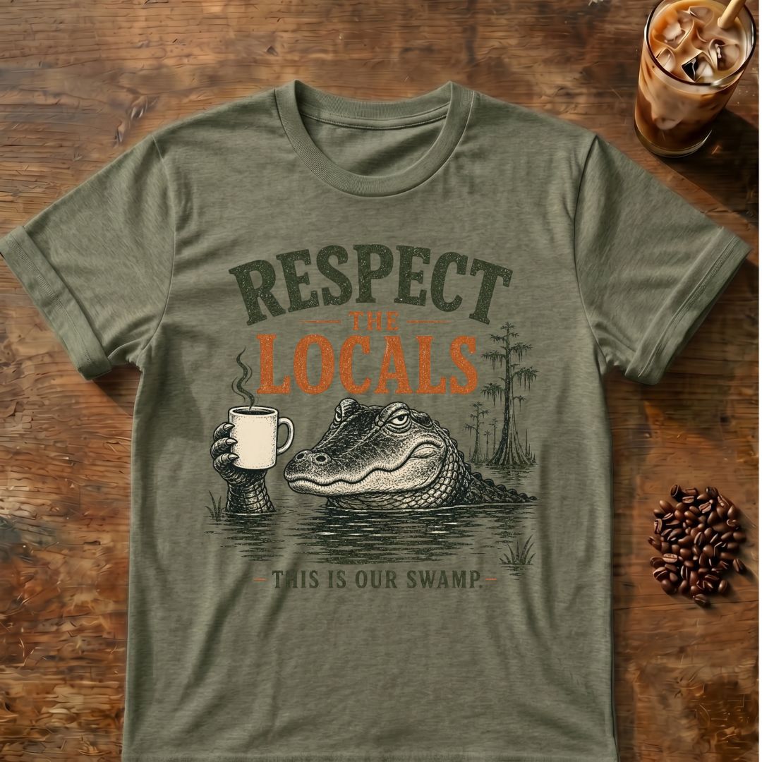 Coffee graphic for Respect the Locals Alligator on heather-military-green T-shirt