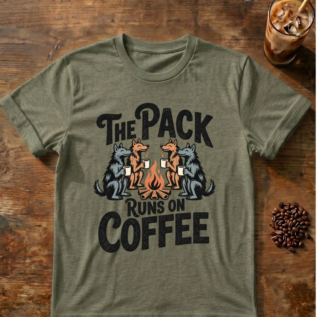 Pack Runs on Coffee graphic on a Heather Military Green T-shirt