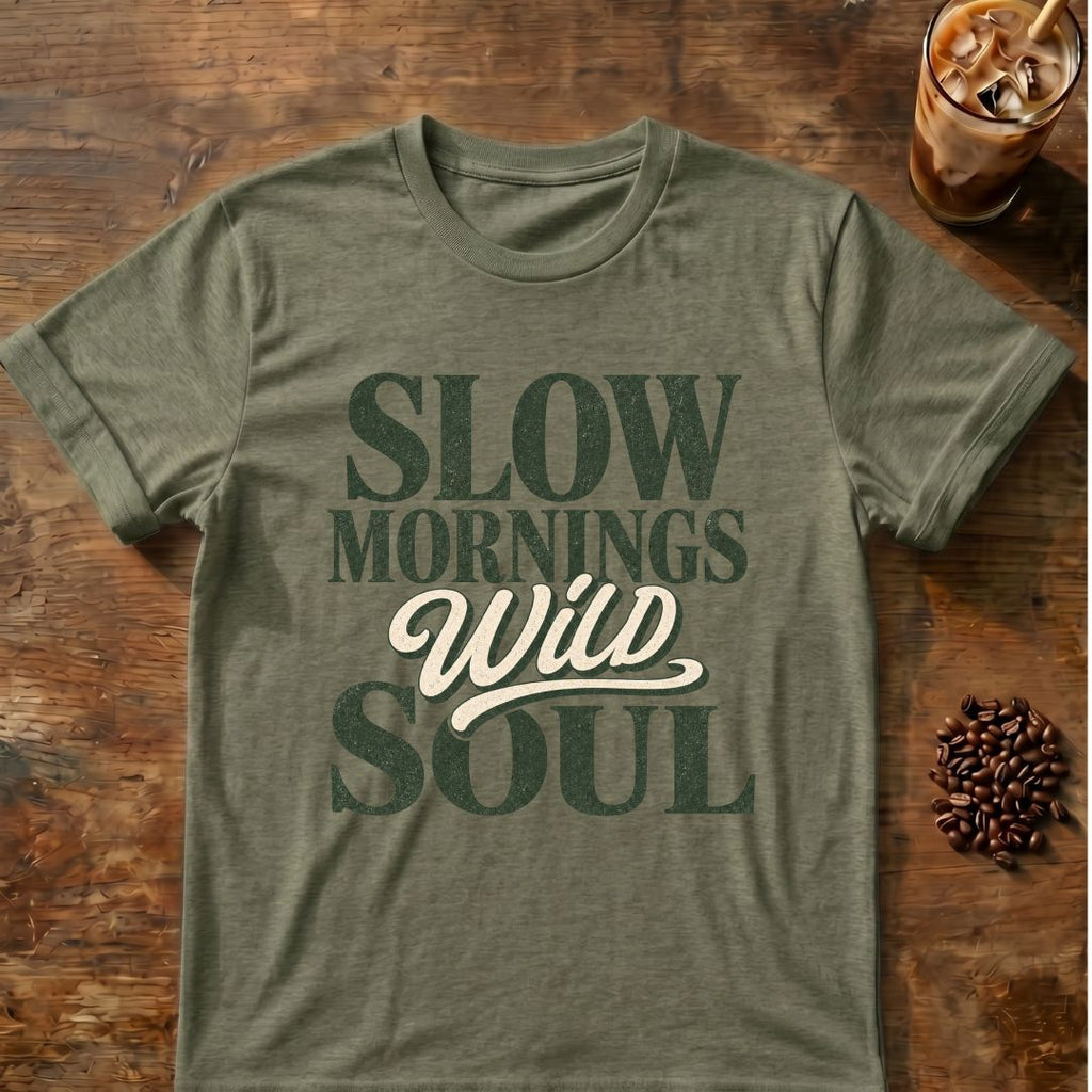 Coffee graphic for Slow Mornings Wild Soul on heather-military-green T-shirt