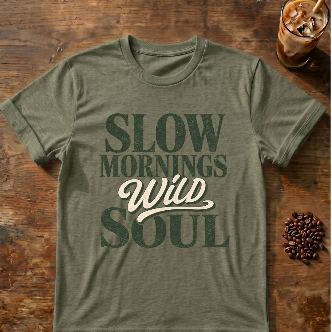 Coffee graphic for Slow Mornings Wild Soul on heather-military-green T-shirt