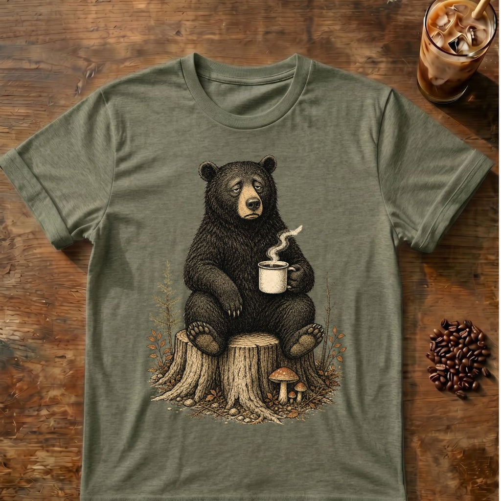 Sleepy black bear sitting on a tree stump holding a steaming coffee mug with forest plants and mushrooms