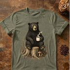 Sleepy black bear sitting on a tree stump holding a steaming coffee mug with forest plants and mushrooms