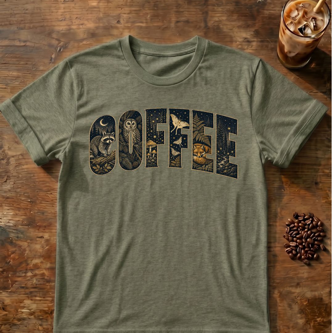 Raccoon coffee graphic for Woodland Coffee Typography on heather-military-green T-shirt