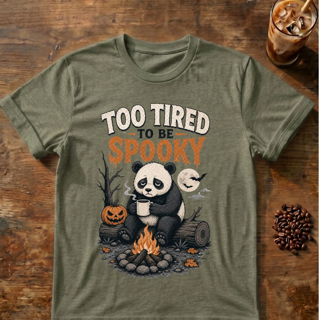 Bat coffee graphic for Too Tired to Be Spooky Panda on heather-military-green T-shirt