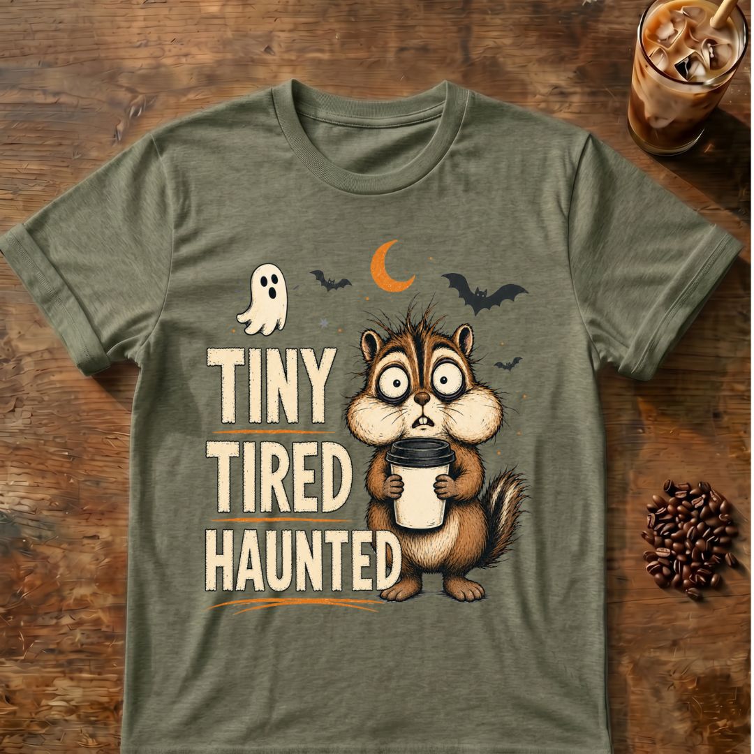 Frazzled chipmunk holding coffee with ghosts, bats and “Tiny. Tired. Haunted.” text