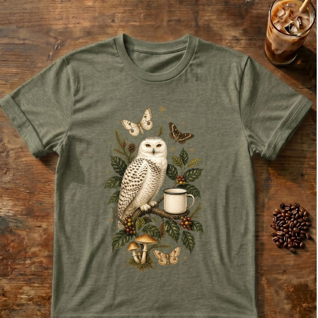 Snowy owl perched beside a coffee mug among coffee leaves, pine branches, mushrooms, moths and stars