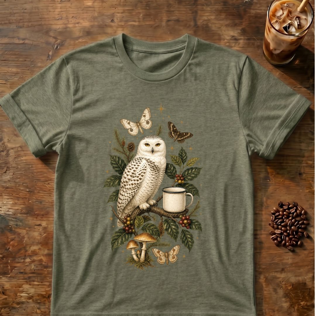 Snowy owl perched beside a coffee mug among coffee leaves, pine branches, mushrooms, moths and stars
