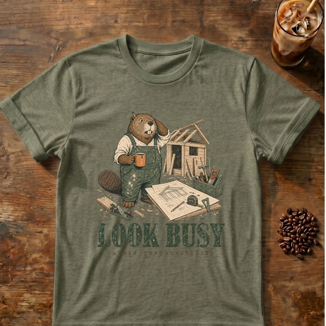 Beaver coffee graphic for Look Busy Beaver on heather-military-green T-shirt