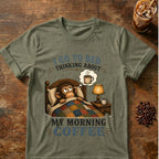 Monkey coffee graphic for Morning Coffee Monkey on heather-military-green T-shirt