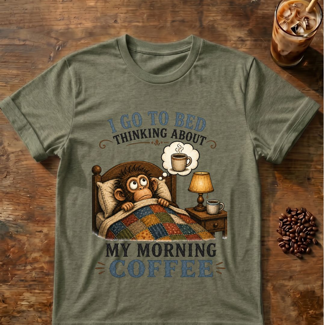 Monkey coffee graphic for Morning Coffee Monkey on heather-military-green T-shirt