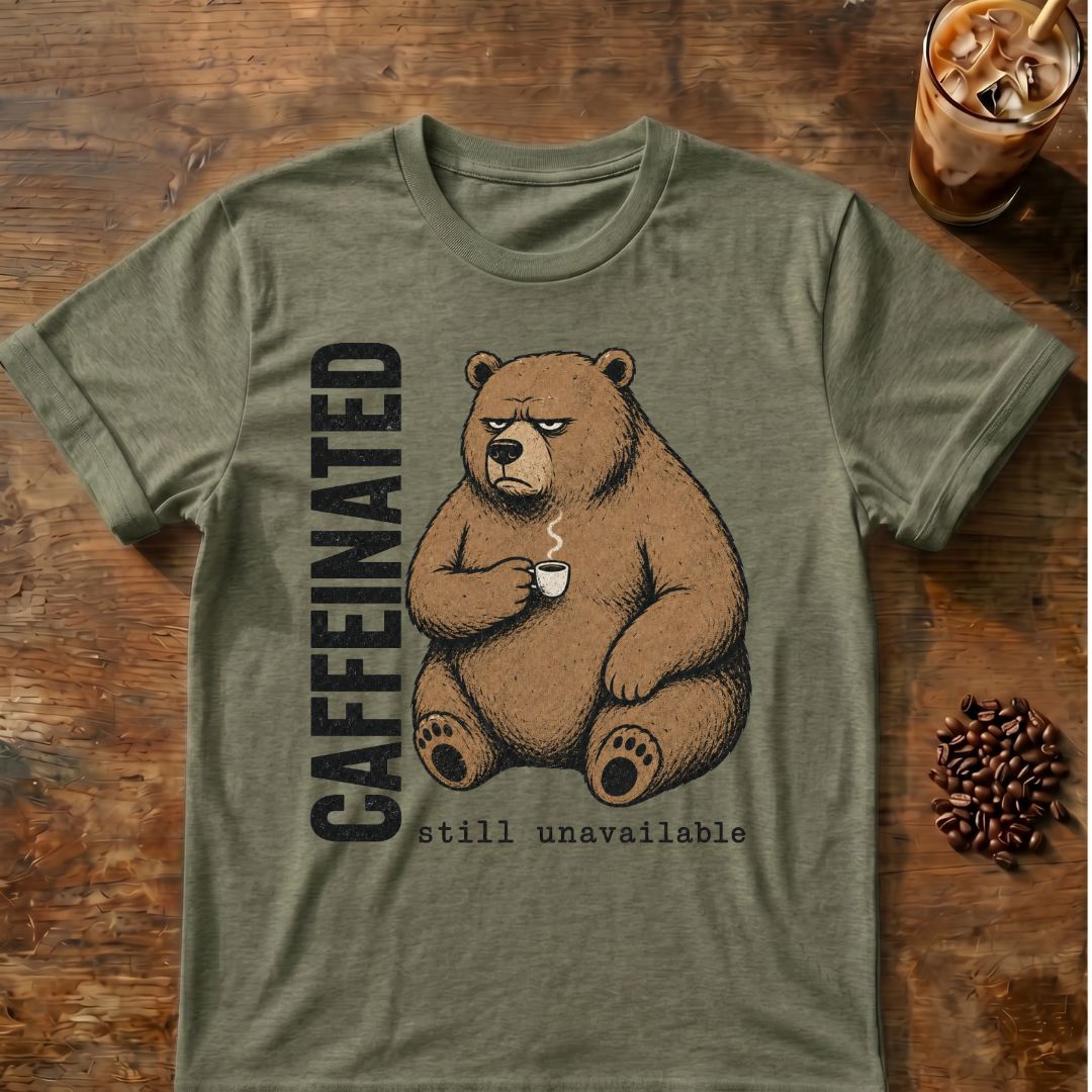Caffeinated bear coffee graphic on a Heather Military Green T-shirt