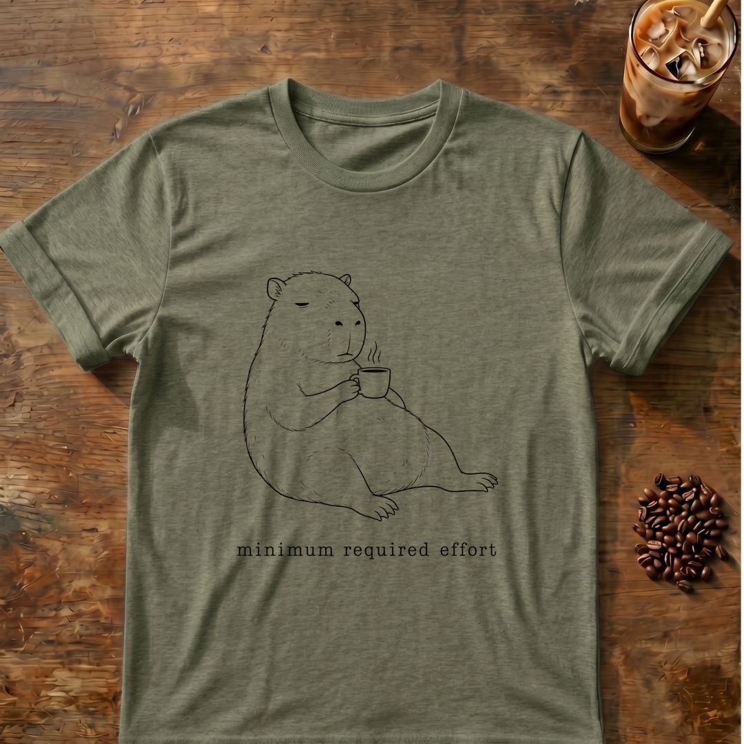 Capybara coffee graphic for Minimum Required Effort Capybara on heather-military-green T-shirt
