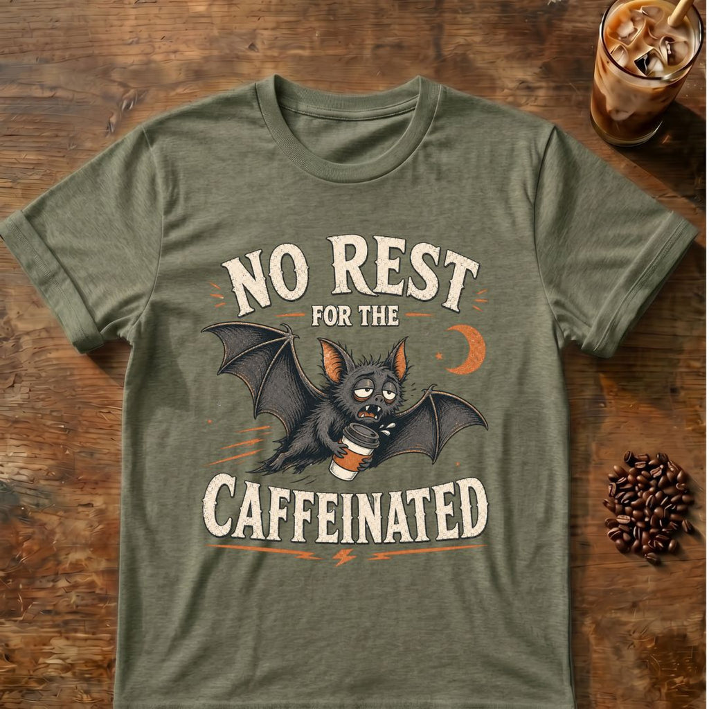Bat coffee graphic for No Rest Bat on heather-military-green T-shirt