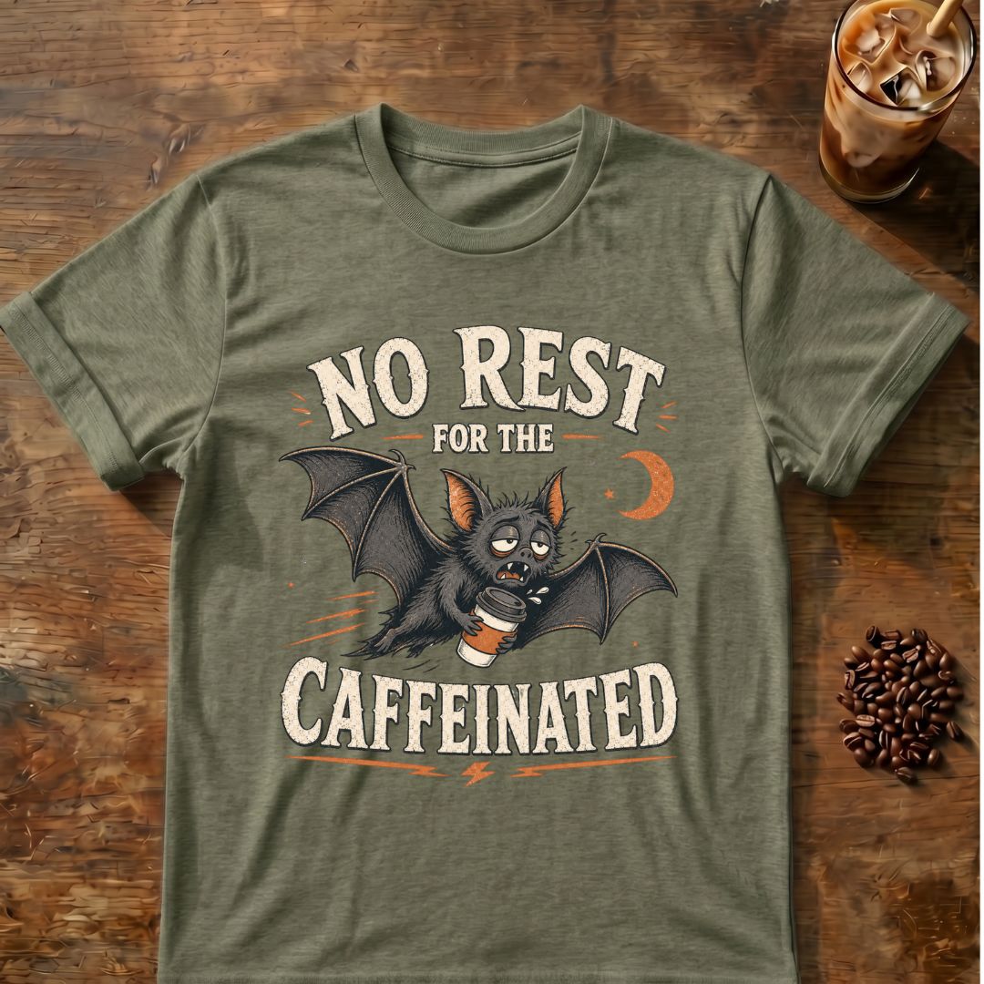 Bat coffee graphic for No Rest Bat on heather-military-green T-shirt