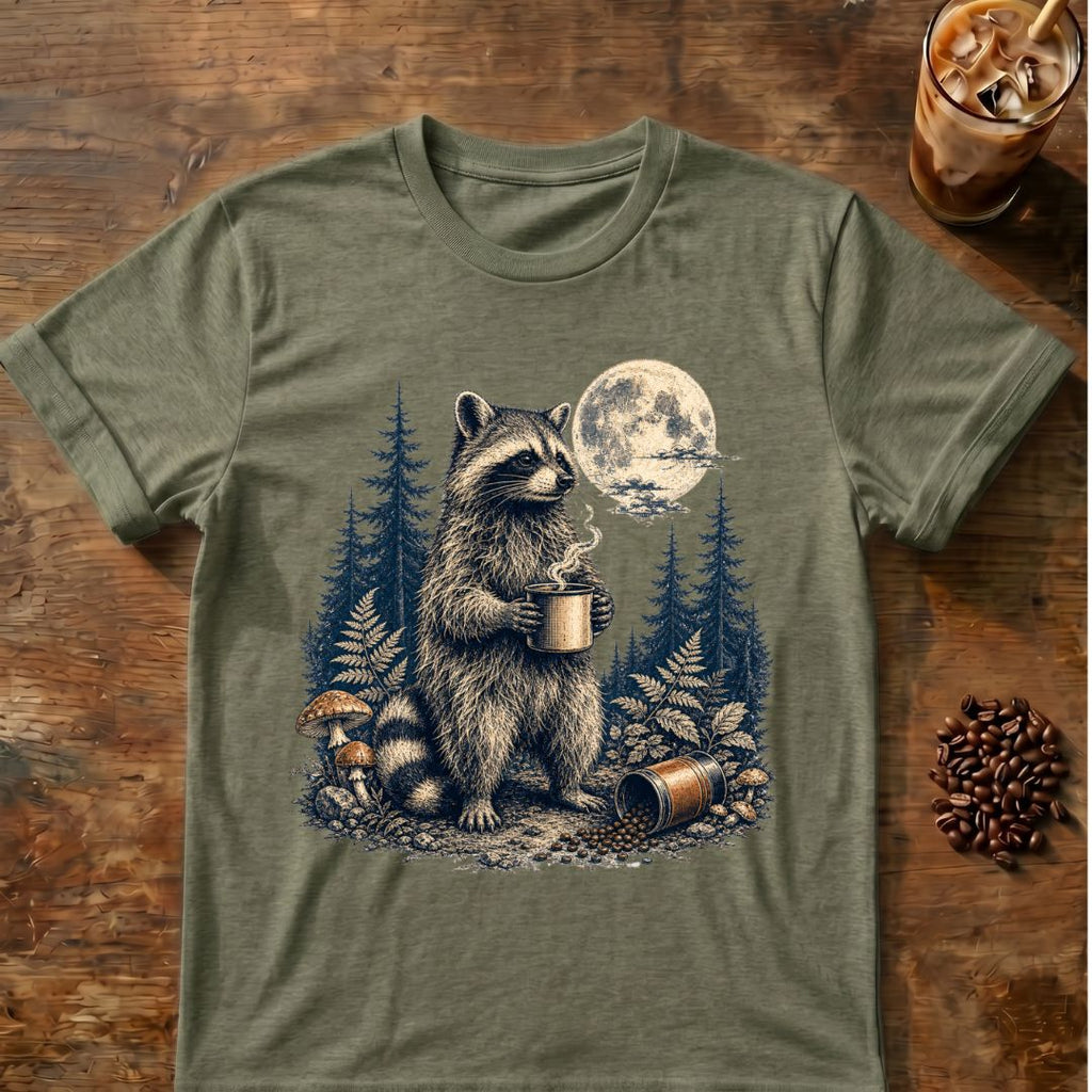 Raccoon coffee graphic for Moonlit Raccoon Coffee on heather-military-green T-shirt