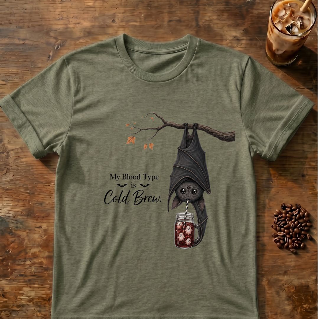 Bat coffee graphic for My Blood Type Is Cold Brew Bat on heather-military-green T-shirt