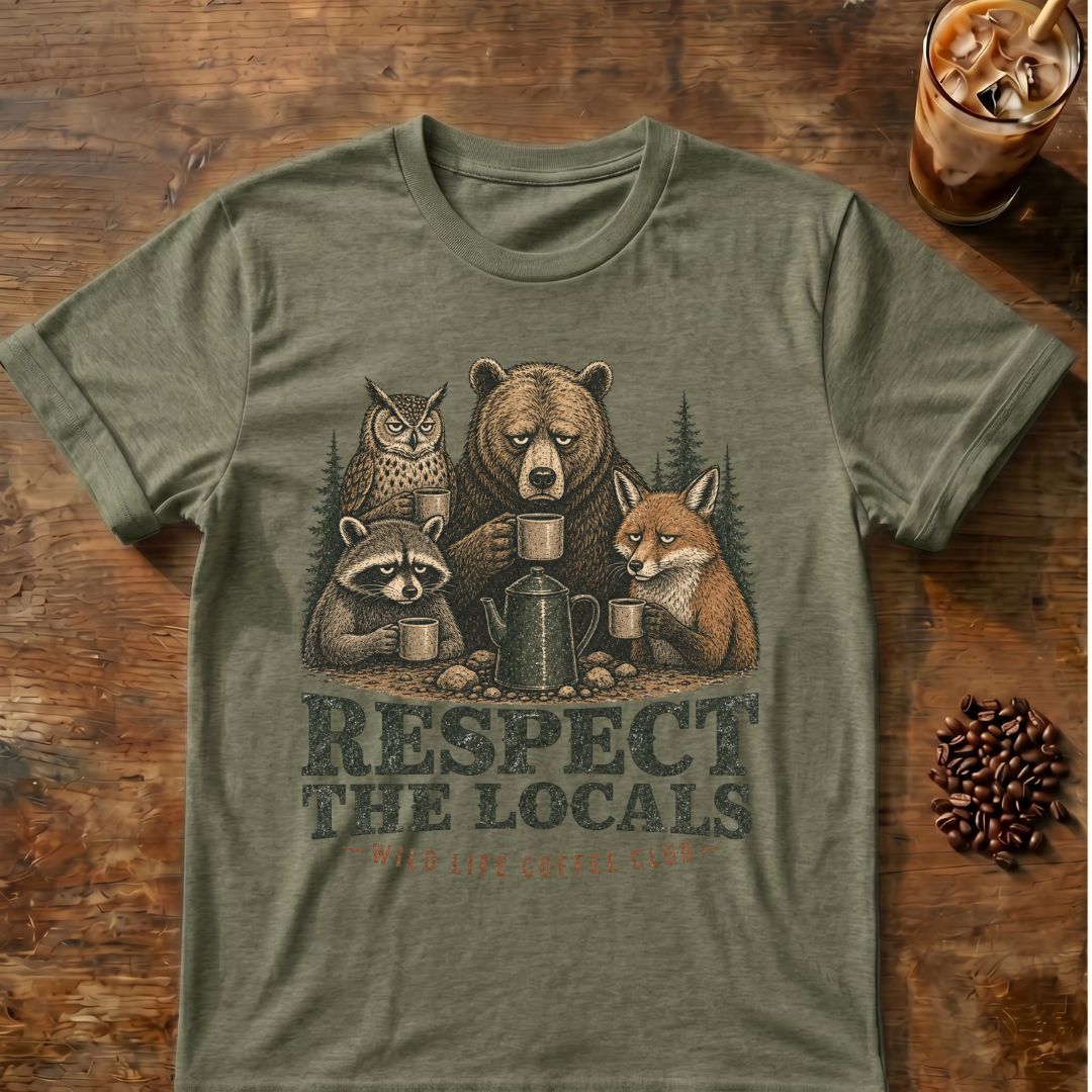 An olive green graphic t-shirt laid flat on a rustic wooden table, featuring an illustration of a bear, owl, raccoon, and fox sharing coffee mugs with the text 'RESPECT THE LOCALS' and 'EAT LIFE COFFEE LIFE'. A glass of iced coffee and coffee beans are styled as props in the corners.