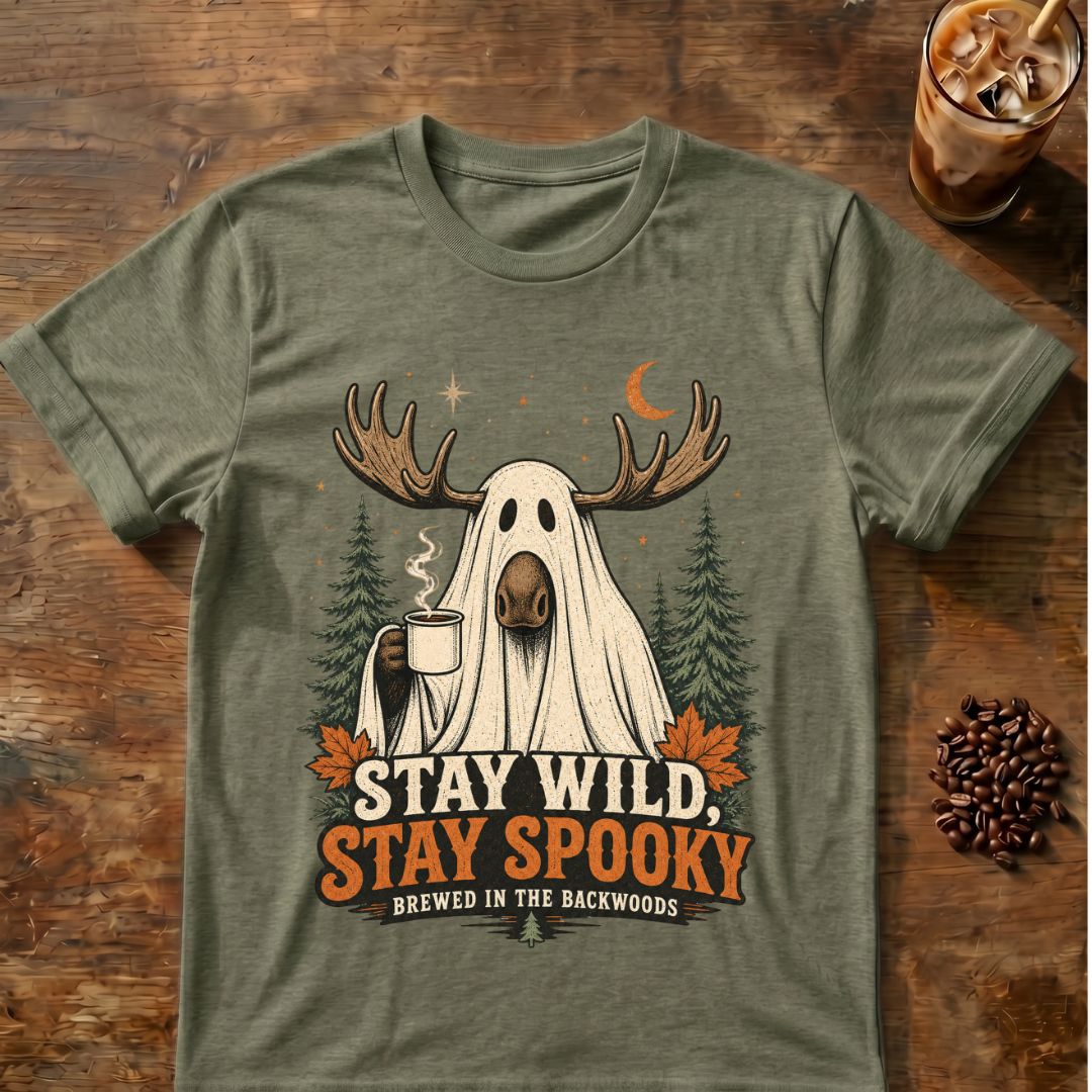 Moose coffee graphic for Stay Wild Stay Spooky Moose on heather-military-green T-shirt