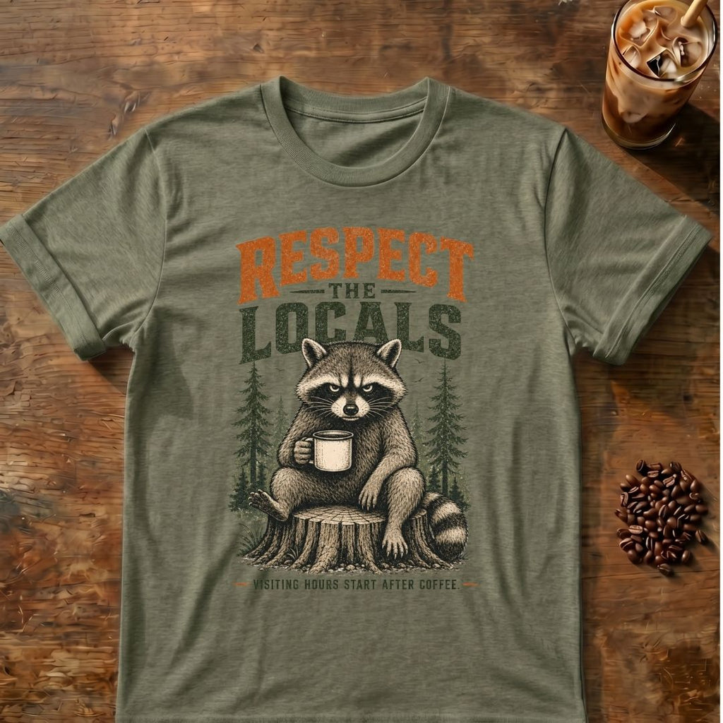 Raccoon coffee graphic for Respect the Locals Raccoon on heather-military-green T-shirt