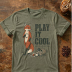 Fox coffee graphic for Play It Cool Fox on heather-military-green T-shirt