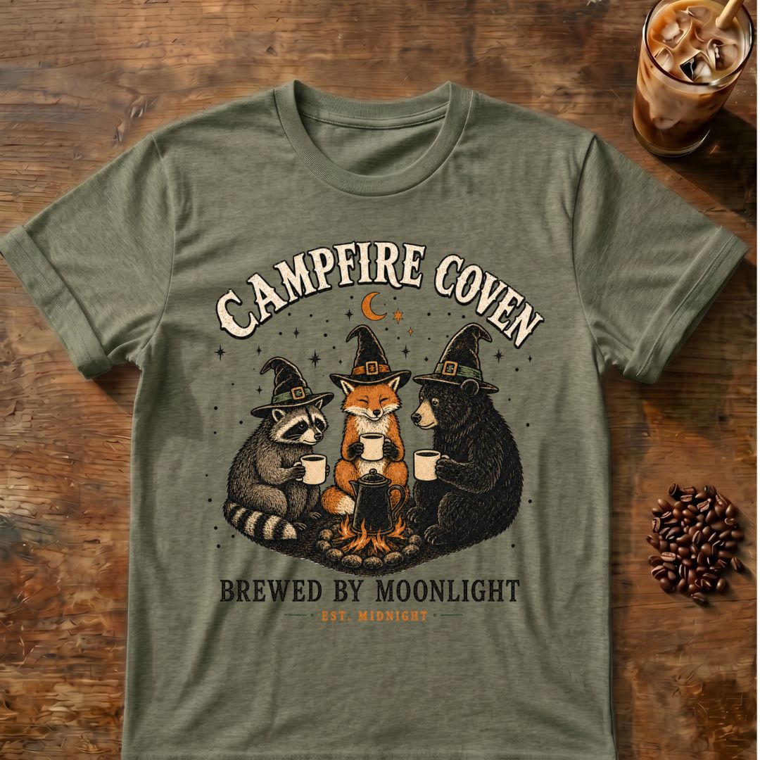 Raccoon coffee graphic for Campfire Coven Coffee on heather-military-green T-shirt