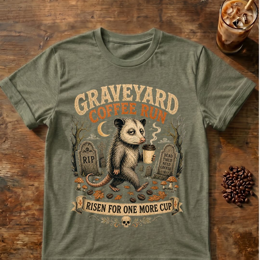 Tired opossum carrying coffee through a graveyard with “Graveyard Coffee Run” and “Risen for One More Cup” text