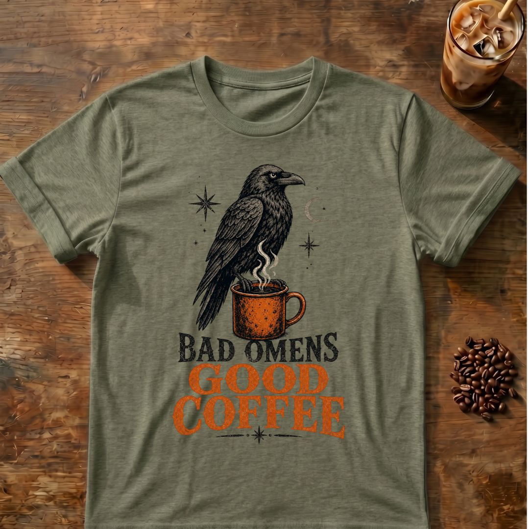 Raven coffee graphic for Bad Omens Good Coffee Raven on heather-military-green T-shirt
