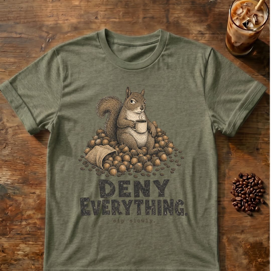 Squirrel coffee graphic for Deny Everything Squirrel on heather-military-green T-shirt