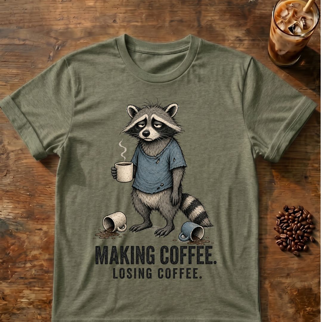 Raccoon coffee graphic on a Heather Military Green T-shirt