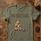 Capybara coffee graphic for No Questions Capybara on heather-military-green T-shirt